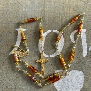 4/$100 ROSARY Elegant Gold and ORANGE Beaded Necklace
